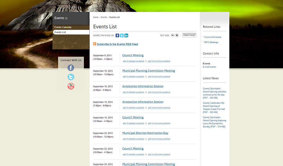 County of Grande Prairie No. 1 events page screenshot