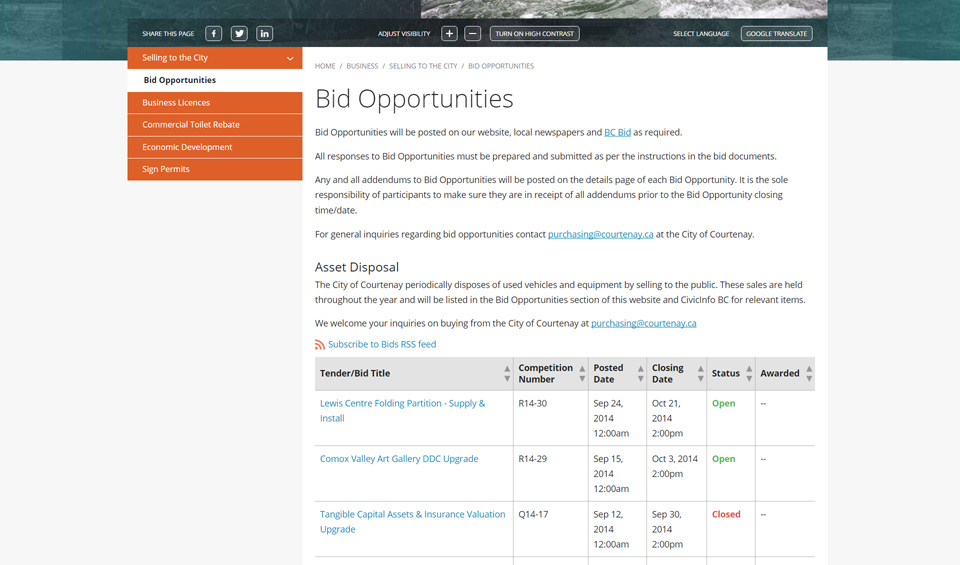 courtenay bid opportunities page screenshot