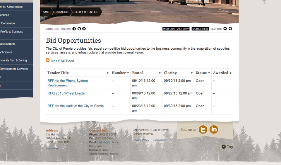 City of Fernie bid opportunities page screenshot