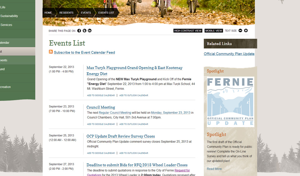 City of Fernie events page screenshot