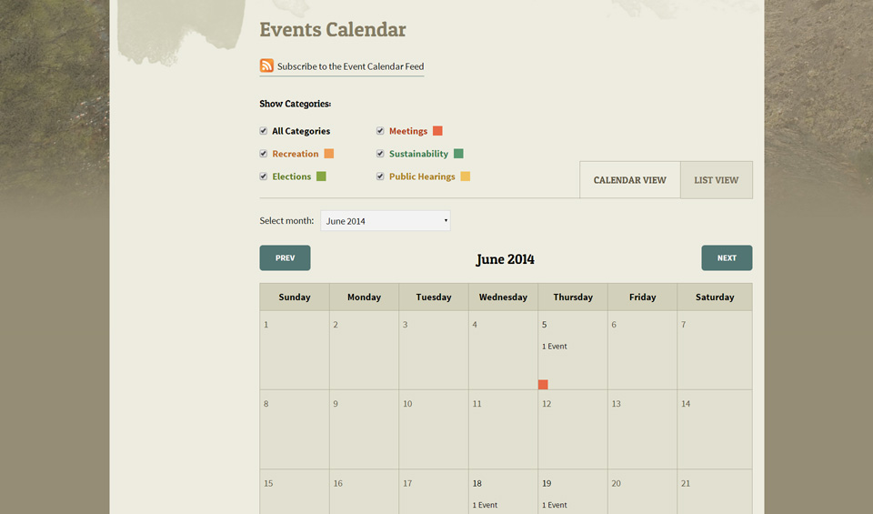 Regional District of Central Kootenay events calendar screenshot