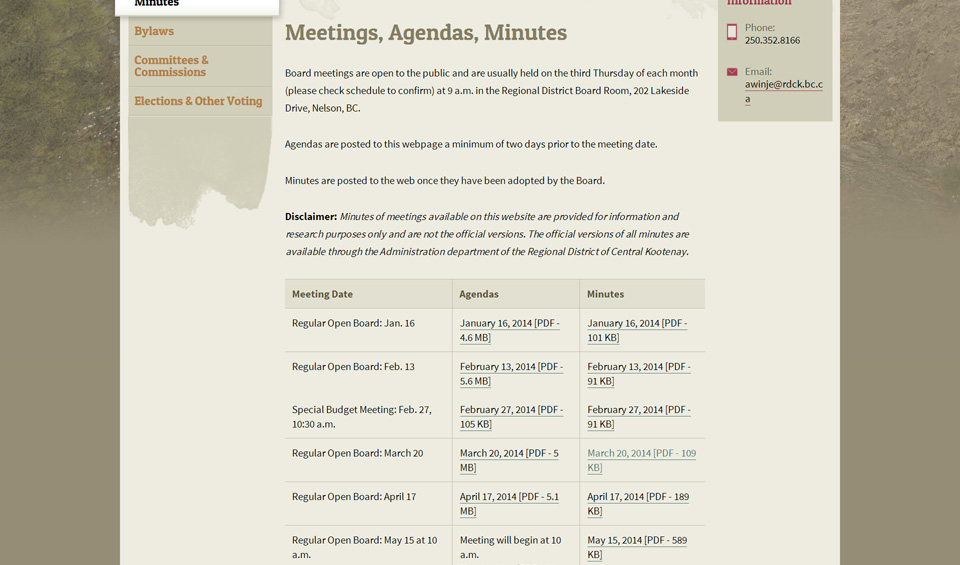 Regional District of Central Kootenay meetings, minutes and agendas page screenshot