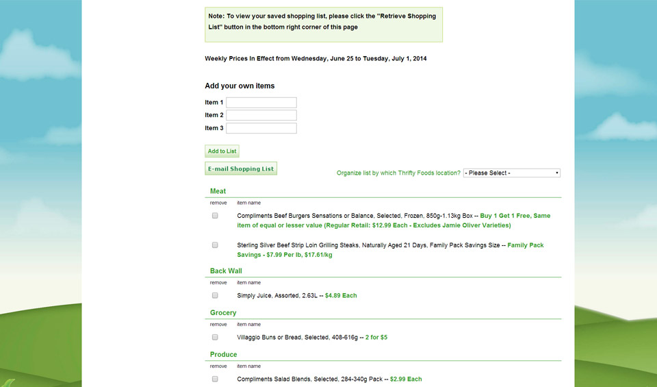 Thrifty Foods shopping list screenshot